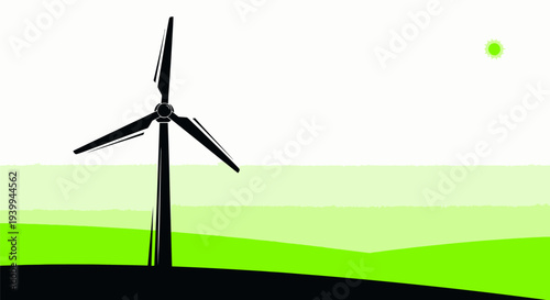 Wind turbine standing tall on green hill with sun nearby