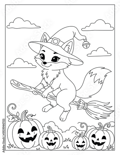 Cute Halloween Witch Fox Flying on Broomstick Over Pumpkin Patch Coloring Page