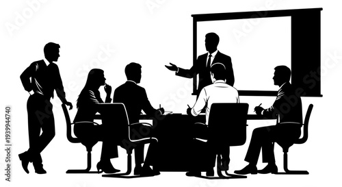 Business team in meeting with presenter at whiteboard
