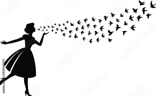Woman silhouette blowing kiss with birds, freedom concept, imagination artwork, transformation illustration, vintage dress, graceful posture, creative design, symbolic motion