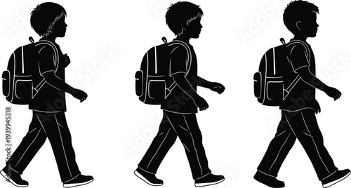 Back to school boy silhouette walking with backpack and schoolbag, elementary student going to primary education class, side view vector illustration isolated on white.