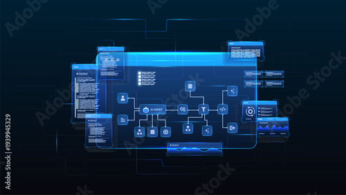 AI workflow automation artificial intelligence. ai agent network diagram dashboard machine learning architecture digital flow process, coding, analytic and automation system.