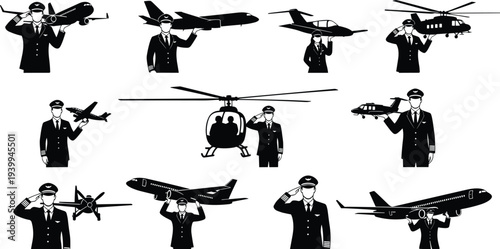 Black and white vector illustration set of airline pilots in uniform saluting and holding various commercial airplanes private jets and helicopters on white background
