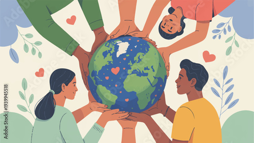 Diverse people holding the earth with hearts symbolizing global unity and environmental care