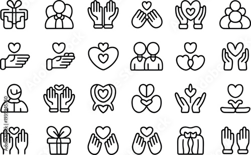 Collection of 24 minimalist line icons depicting people and gifts