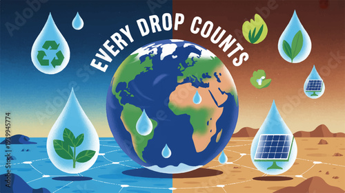 Earth with water droplets symbolizing conservation and sustainability on a desert landscape