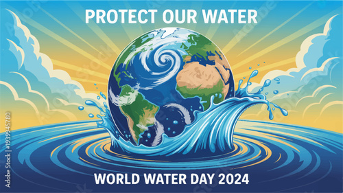 Earth with swirling water on world water day 2024 protect our water campaign eco friendly symbol