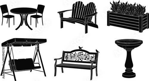 Black silhouette icons set of garden furniture including patio table chairs park bench porch swing birdbath and planter box isolated on white background.