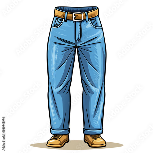 Stylized Illustration of Men's Blue Denim Jeans with a Brown Leather Belt and Yellow Shoes