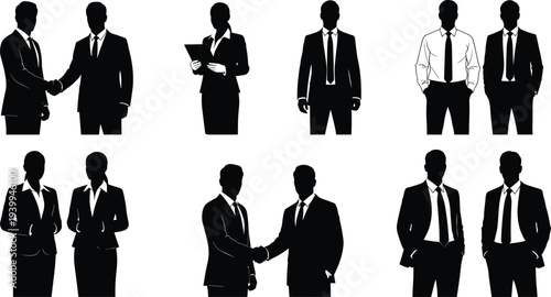Business people silhouette vector collection with professional men and women in formal suits shaking hands and standing isolated on white background for corporate teamwork design