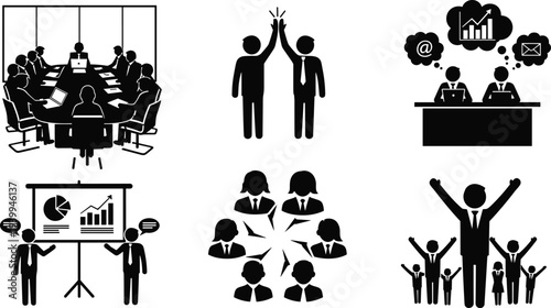 Collection of business management icons featuring corporate team meetings successful partnership high five data analysis presentation and leadership pictograms for professional office design projects.
