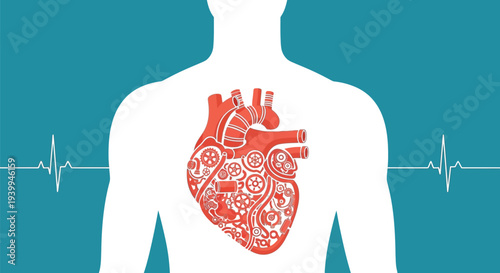 White human body silhouette reveals an intricately detailed, mechanical red heart overlaid with gears on a teal background.