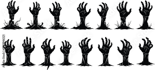 Collection of creepy zombie hand silhouettes reaching out from the ground for Halloween horror posters supernatural thrillers and spooky graveyard themed design projects.