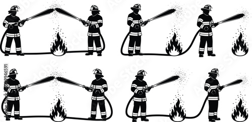 Collection of firefighter silhouettes in full uniform spraying water hoses to extinguish flames for emergency response fire safety and rescue service design projects.