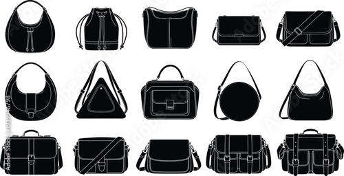 Collection of professional bag silhouettes including fashion handbags messenger bags backpacks and leather briefcases for retail shopping commercial design and clothing accessory projects.