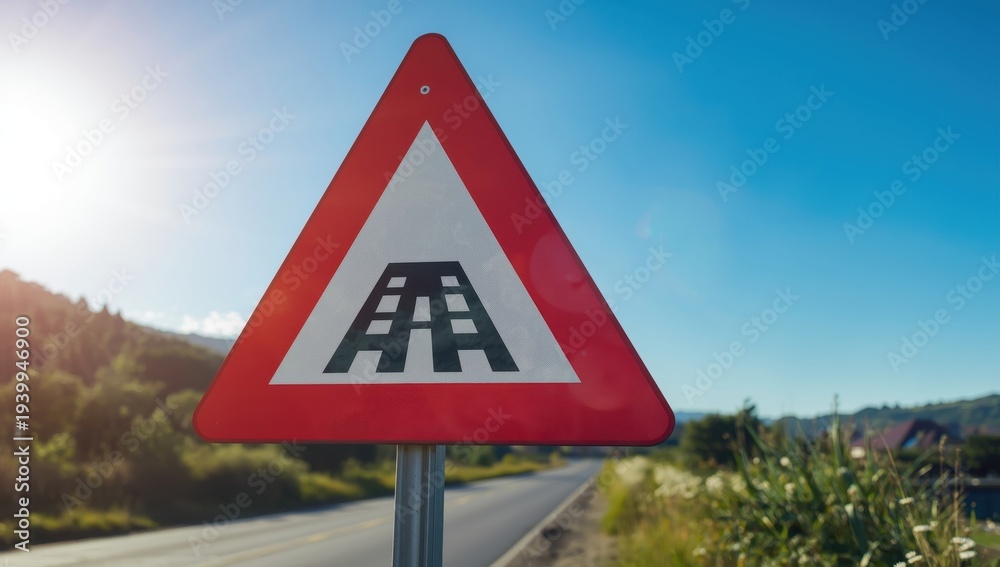 Fototapeta premium Red triangular traffic sign indicating road bumps in Turkey on a summer day