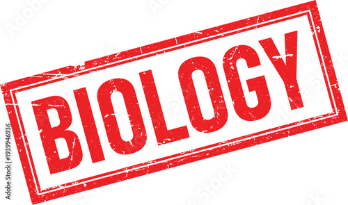 Distressed Rectangular Rubber Stamp with Biology Text, Red Ink Impression Isolated