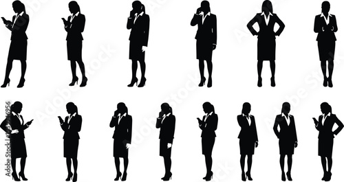 Collection of professional business woman silhouettes in formal office suits featuring various standing poses using smartphones for corporate communication and management design projects.