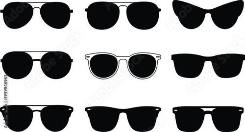 Sunglasses silhouette collection with different modern eyewear styles, fashion accessory vector set including classic, round and square sun glasses designs