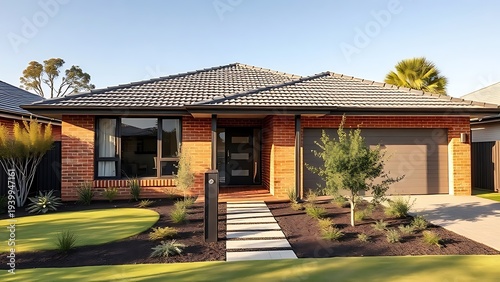 homeowner. Modern Australian suburban house with brick exterior and landscaped garden in daylight, real-estate listings.