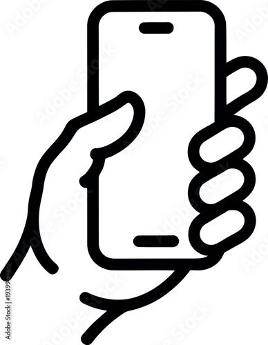 A hand holding a smartphone in a simple line drawing style