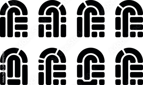 A collection of eight identical black arched logos on a white background