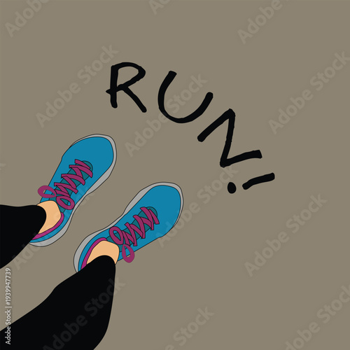 Blue Running Shoes with Pink Laces and Handwritten RUN Text Illustration