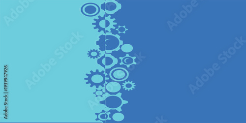 Abstract graphic design featuring a vertical strip of interconnected blue gears and circles on a split blue background, symbolizing technology and mechanics.