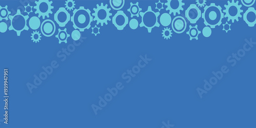 A blue background with a border of various light blue and darker blue gear and cogwheel shapes at the top, creating a technical and industrial design.