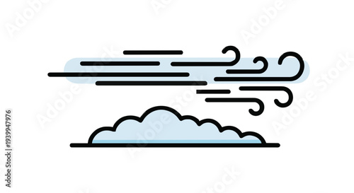 Simple vector illustration depicting wind blowing past a cloud, symbolizing weather conditions or a gentle breeze, perfect for weather forecasts, nature concepts, or environmental designs