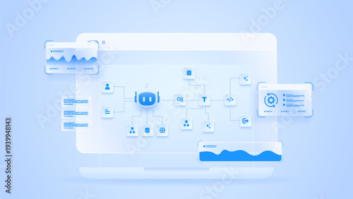 AI workflow automation artificial intelligence. ai agent network diagram dashboard machine learning architecture processing flow, data analytic and automation flow.