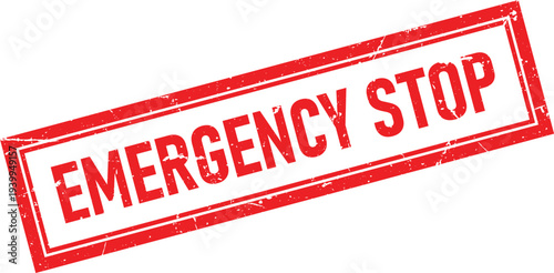 Distressed Rectangular Rubber Stamp with Emergency Stop Text in Red Ink