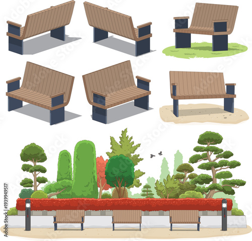 A set of park benches, with four benches in isometric view.