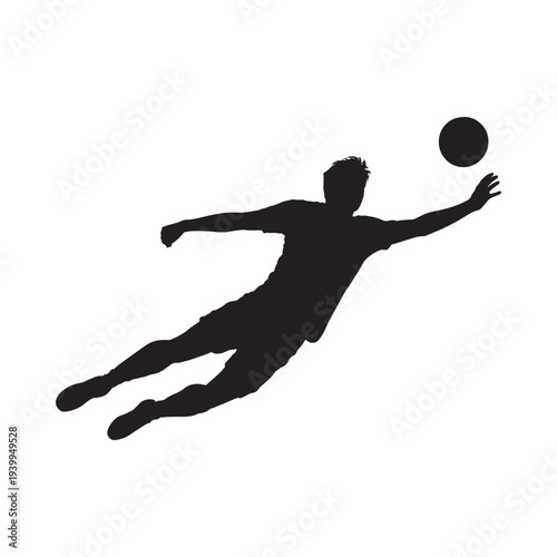 Silhouette of a soccer player diving to catch a ball against a white background