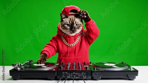 DJ Cat in Red Hoodie Scratching Vinyl Records on Green Screen