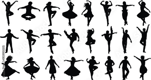 Black dancer silhouettes set with male and female performers in various ballet contemporary and modern dance poses for artistic stage design