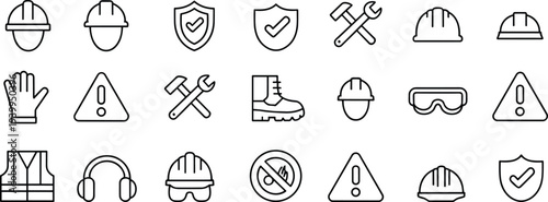 Construction safety line icons set including helmet shield tools glove warning sign boots goggles vest earmuffs and protection symbols for industry engineering design