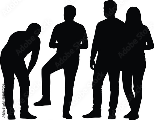 Black silhouettes of diverse people standing and posing in various casual positions for architectural rendering, CAD drawing flat vector illustration