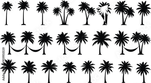 Black palm tree silhouettes set with hammock and tropical coconut trees vector illustration for summer beach vacation and island landscape design