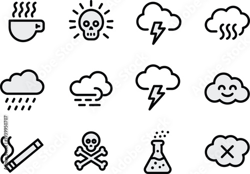 Weather hazard and environmental warning outline icons set including storm cloud rain wind lightning toxic danger and pollution symbols vector illustration