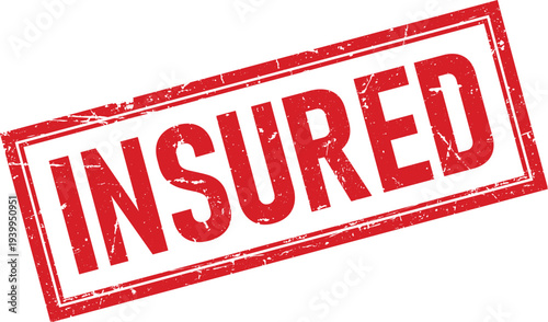 Red Insured Text in Distressed Rectangular Rubber Stamp with Border Isolated