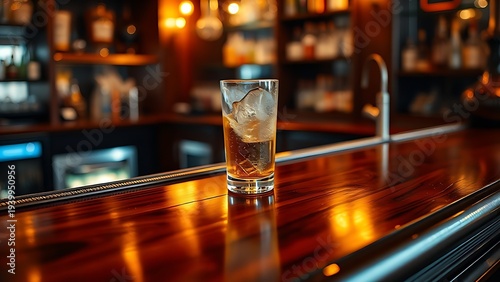 Elegant wooden bar counter with a single highball glass, showcasing refined simplicity in warm lighting. bar promotions.