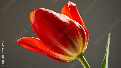 A red tulip demonstrating growth toward light, captured in a botanical close-up with directional lighting. gardening catalogs.