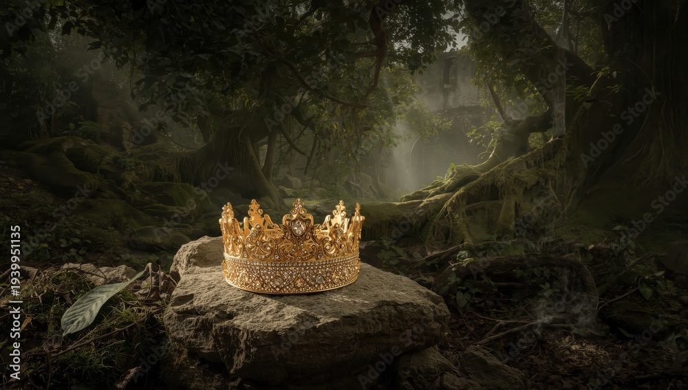 Fototapeta premium Enigmatic and enchanted image of a golden crown among stones in a forest. Medieval theme