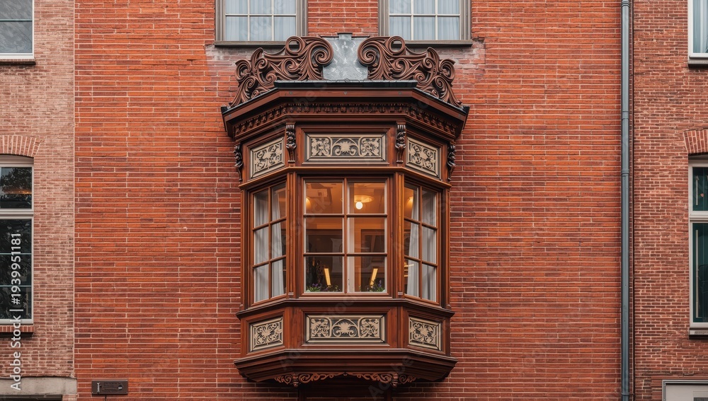 Obraz premium Diverse historic exterior in Cologne with red bricks, a timbered bay window, and an elaborate baroque gable. Distinctive city feature