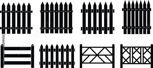 Large collection of black wooden fence silhouettes decorative garden gate icons and directional road signs isolated on white background for landscape design architecture construction and farm
