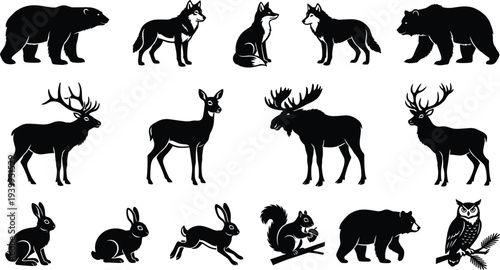 Black silhouette collection of wild animals including bear wolf fox deer moose rabbit squirrel and owl isolated on white background for nature wildlife design