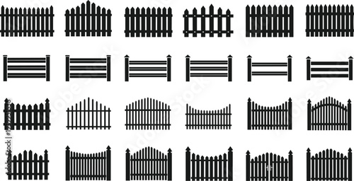 Large collection of black wooden fence silhouettes garden gate icons and directional road signs isolated on white background for landscape design architecture construction and rural boundary