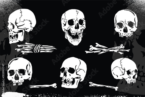 Set of vintage skull and crossbones illustrations with bones