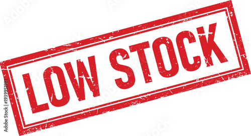 Low Stock Red Distressed Rectangular Rubber Stamp Impression on White Background